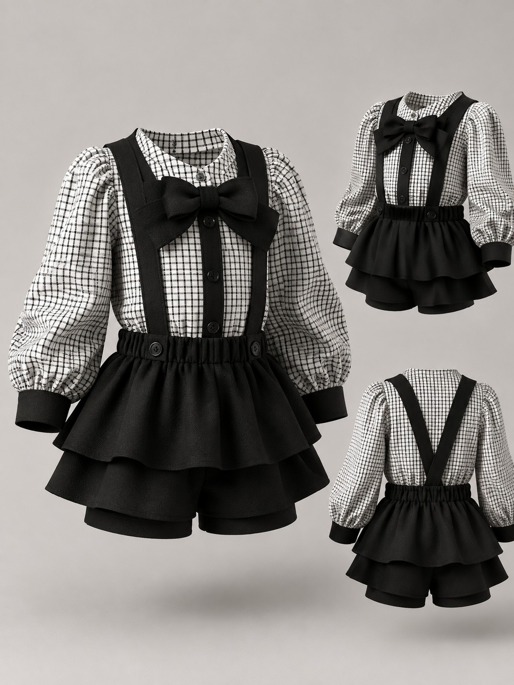 2 Pieces Black & White Checked Girls' Suspender Dress Costume with Bow